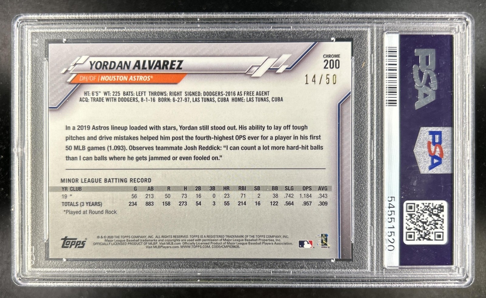 2020 Topps Chrome Yordan Alvarez Gold Refractor SP VAR #/50 Astros PSA 10 view 2