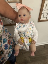 Blue-Eyed Vinyl Baby Doll Girl w/ Brown Straight Hair, Floral Outfit  Headband