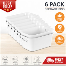 6 Pack Small White Plastic Storage Bins Multi-Purpose Organizer