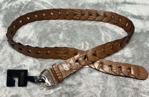Michael Kors Gürtel Damen L XL Braun Krokoprägung Leder Gewebt Gold Schnalle Neu - Bild 2 von 10