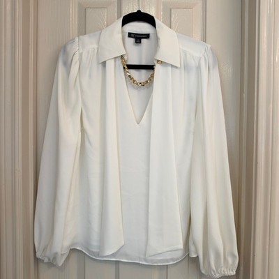 I.N.C White Medium Blouse with Scarf & Gold Chain Detail