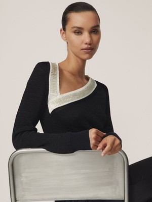 Reiss Damen Viskose Mischung U-Ausschnitt Langarm Pullover in Schwarz Größe L