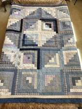 Quilted Blue Log Cabin Cotton Patchwork Quilt 83"x68.5" Hand Machine Finished