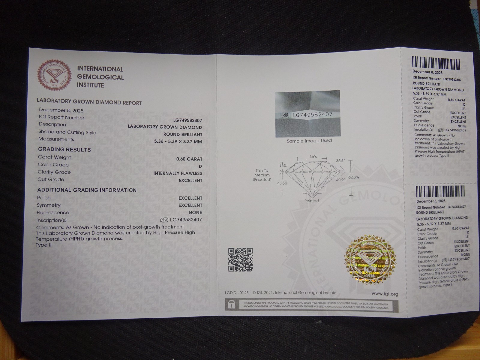 Diamant 0.60 ct D IF avec taille idéale IGI 2025 pour une brillance éternelle