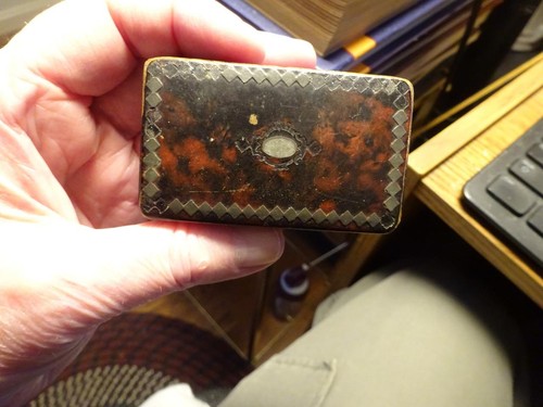 ANTIQUE CIVIL WAR ERA SNUFF BOX "Paper Mache Faux Tortoise Shell Lacquer Ware"