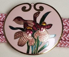 Cloisonn Orchid Enamel Buckle With Pink Four Rope Stretch Belt or Replace 1980s