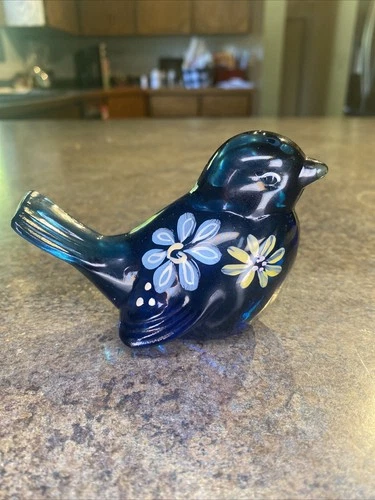 Fenton Glass Blue Songbird Bird Figurine - Flower Power Collection - Signed