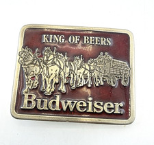Vintage Budweiser Belt Buckle King of Beers Red Enamel Clydesdale Horse 1980s