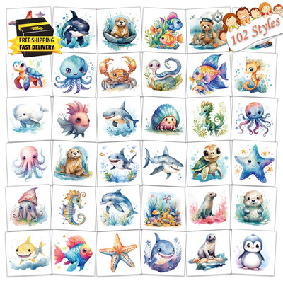 102 PCS Individually Wrapped Ocean Animals Temporary Tattoo for Kids - Cute Sea 