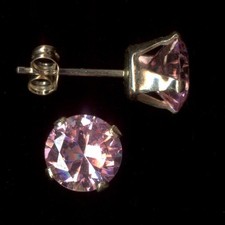 New 14K 1.24 Gram Solid Yellow Gold 6.5mm Round Cut Pink Crystal CZ Earrings hh