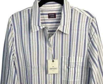 NWT UNTUCKit Pinot Perse Regular Fit Long Sleeve Blue White Blouse Size 8