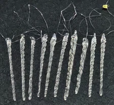 Vintage Icicle Twist Christmas Ornament Clear Glass Set of 10 Made in Thailand