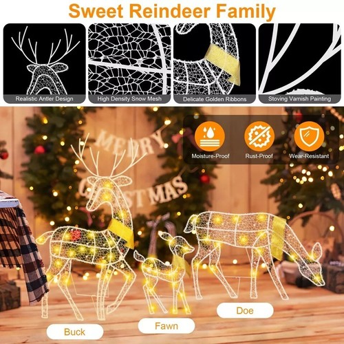 3PCS Christmas Warm Light Reindeer Family Decor 2D Deer Set Indoor Outdoor Lawn - Picture 3 of 6