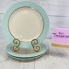 Royal Norfolk Turquoise Rim Brown Band White Stoneware Smooth Dinner Plate Set 3