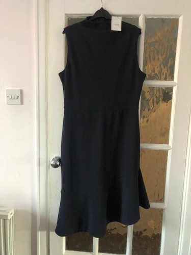 ladies dress NEXT navy sleeveless high neck acemetrical knee length size 14 BNWT