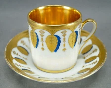 Old Paris Gold & Cobalt Leaves & Flowers Gold Interior Coffee Cup & Saucer