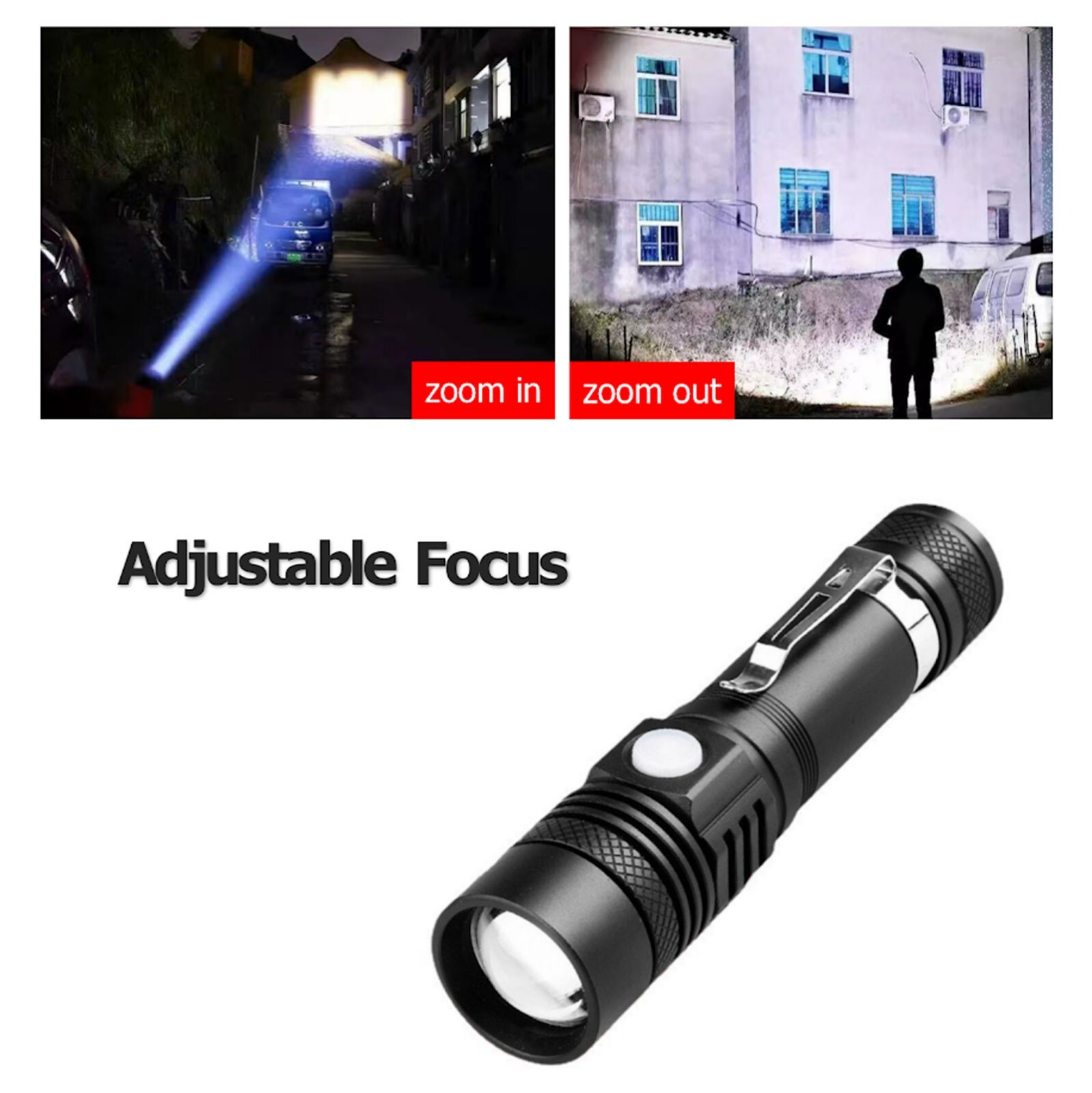 Super Bright LED Tactical Flashlight Zoomable Rechargeable USB Adjustable 3 Mode - Picture 23 of 24