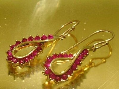 3.0CT Round Pink Ruby Simulated AAA Drop Wedding Earrings 14K Yellow Gold Finish - Picture 2 of 4
