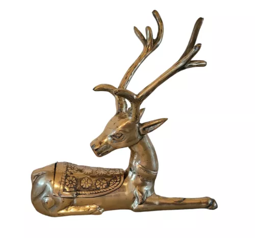 Vintage Brass Antlered Deer Trinket Box Planter