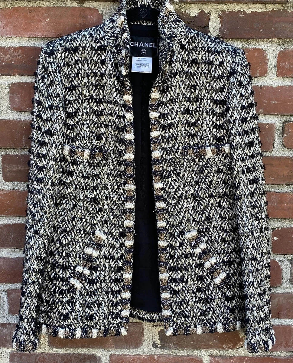 Chanel Tweed Classic Jacket Black & Cream w Gold Thread France 38 
