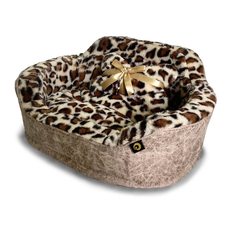 Leopard Princess Cat Dog Bed Faux Fur Cushion Indoor Use W/ Lumbar Pillow - Image 2 of 4