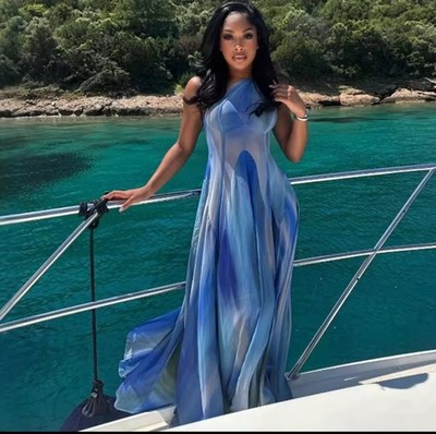 Ocean Breeze Maxi Dress- Women's Sleeveless O Neck Tie Dye Printed / Flowy Dress
