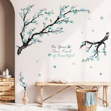 Blue Flowers Wall Stickers,Watercolor Flower Branch Wall Decals for Living Ro...