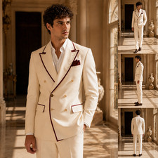 Mens Ivory Burgundy Trim Double Breasted Suit Wedding Prom Groom 2pc Set