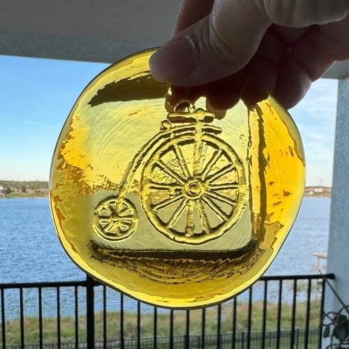 Vintage YELLOW Penny Farthing Bike BLENKO Art Glass 4” Paperweight Suncatcher