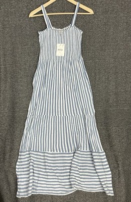 blue and white vertical striped maxi dress White Vertical Striped Dress Light Blue Maxi Shirt Dress in Light Blue One Size