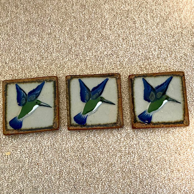 Set of 3 Glazed Pottery Ceramic Hummingbird Tiles Signed Mex 2.5 In