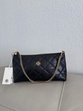 Tory Burch Black Willa Quilted Chain Shoulder Bag Zip Detachable Strap Logo