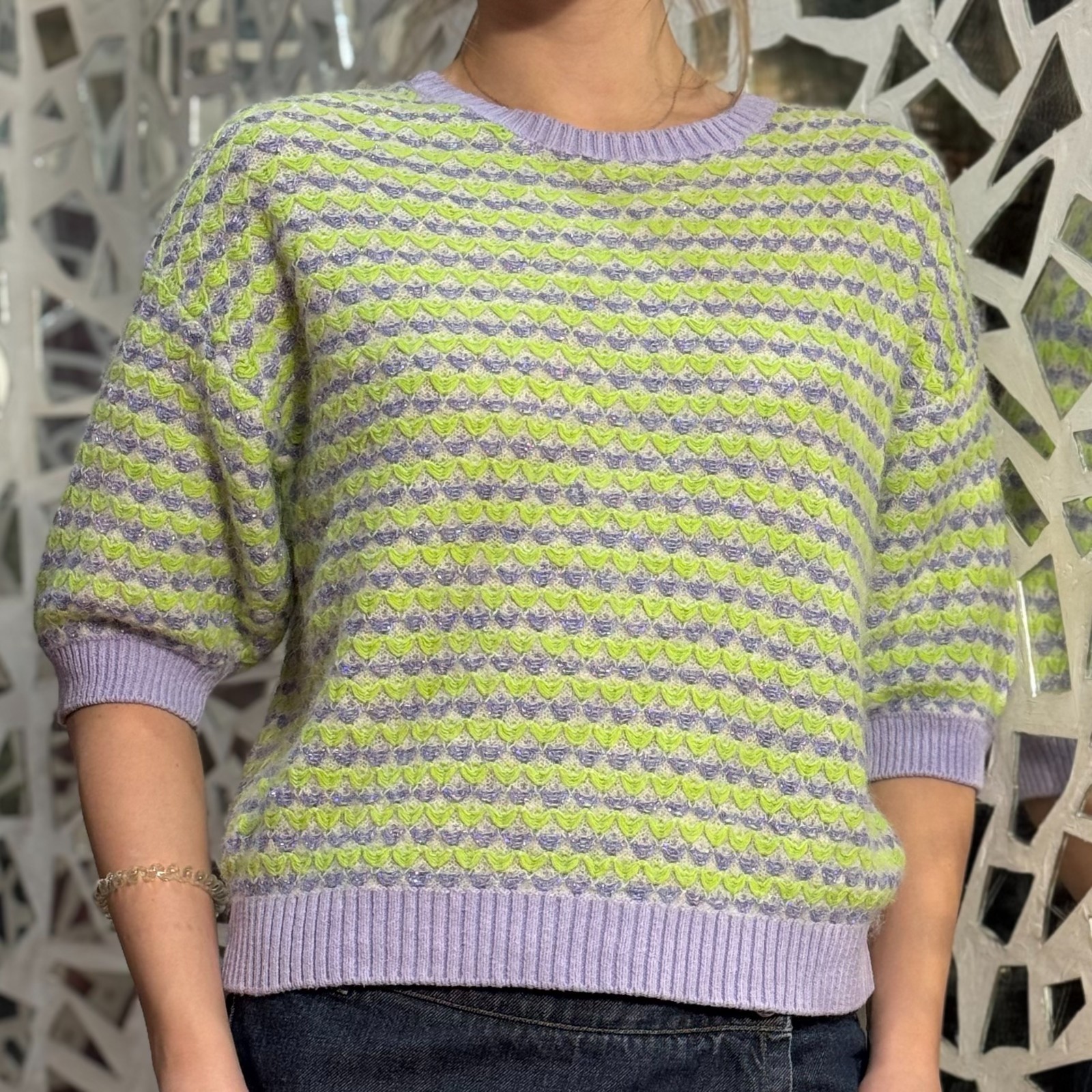 Fabienne Chapot Knitted Sweater Rose Pullover 3\4 sleeve Striped Purple\Green M