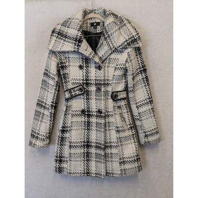 IZ Byer Trench Coat Women's XS Black White Plaid Double Breasted Belted Back