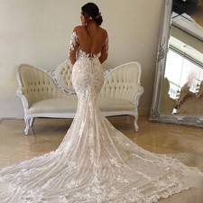  Long Sleeve Mermaid Wedding Dress Boho Beach Wedding Dress Lace Elegant 