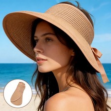 Sun Hats for Women Wide Brim Beach Hat Straw Visor Ponytail Summer UV Packable