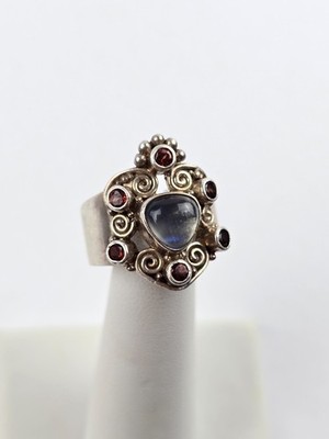 Signed Sterling silver Moonstone & Garnet Cocktail ring Size 9 - 9.25 Galen