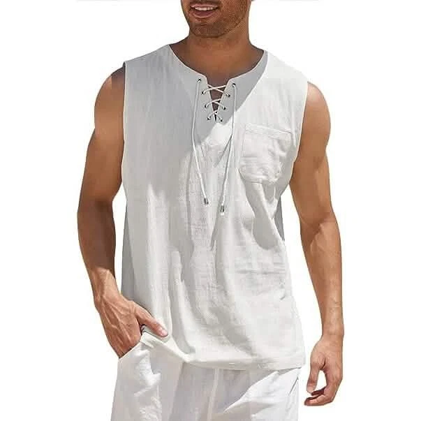 Men's Cotton Linen Tank Top Shirts Casual Sleeveless Lace Up Beach Hippie Tops