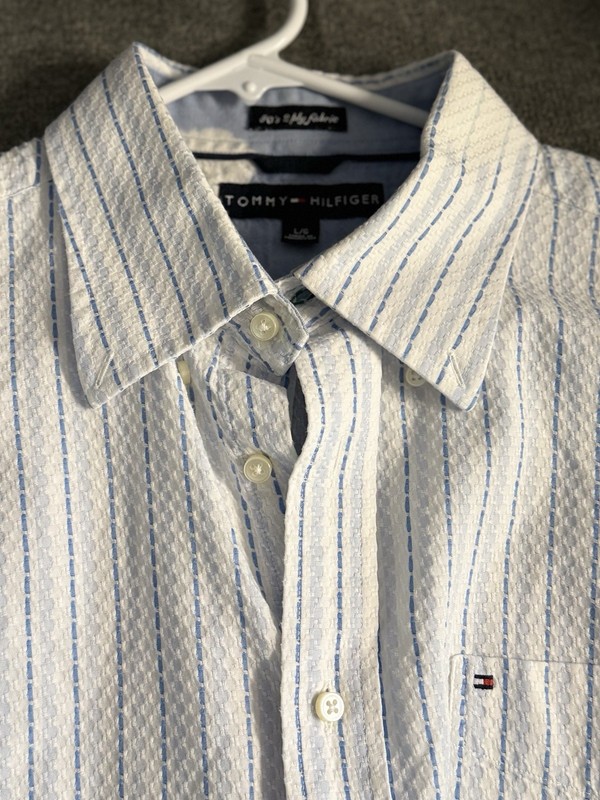Tommy Hilfiger White With Blue Stripes Mens Dress Shirt Large Shortsleeve