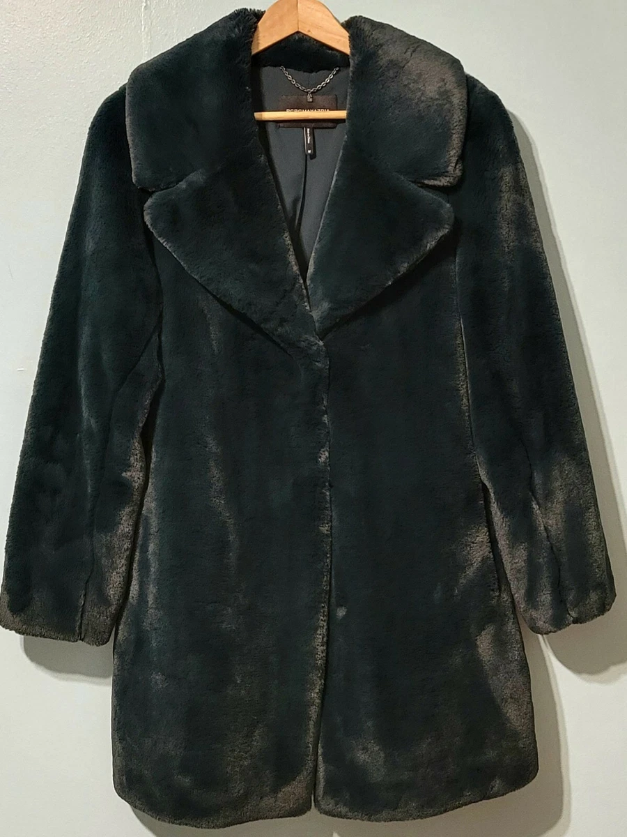 NWOT. BCBG MAXAZRIA Faux Fur Coat. Hunter Green. Large Collar. Longline. Teddy