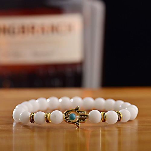 Charm Frauen Gold Hamsa Hand von Fatima weiß Lavastein Perlen Mann glückliche Armbänder - Bild 5 von 8