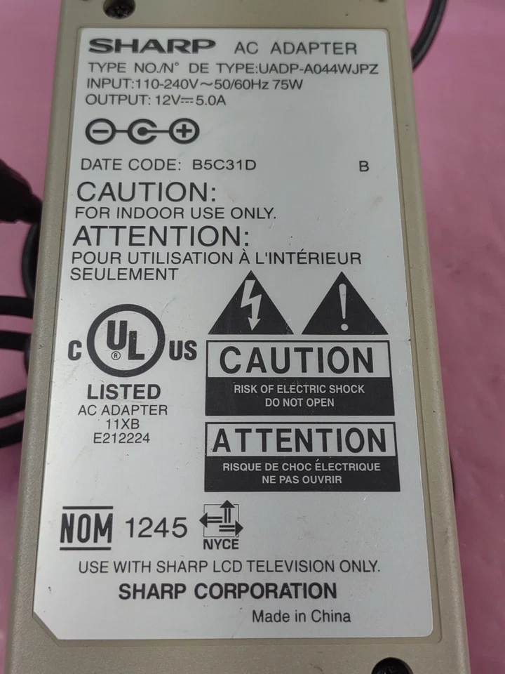 SHARP UADP-A044WJPZ AC Power Adapter 12V 5.0A for LC-20S1U LC-20S2U-S ORIGINAL A - Image 3 of 3