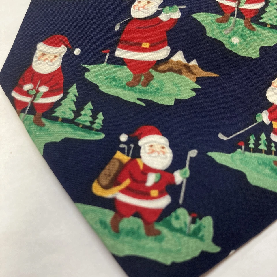 Corbata vintage John Henry azul marino con Papá Noel jugando al golf vacaciones de Navidad Foto 3 de 4