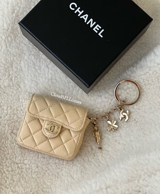 Auth Chanel Beige Mini Flap Bag Key Ring Bag Charm - Excellent