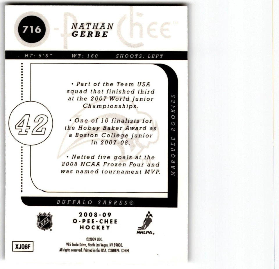 Nathan Gerbe 2008-09 O-Pee-Chee Metal Rookie #716 Buffalo Sabres - Image 2 of 2