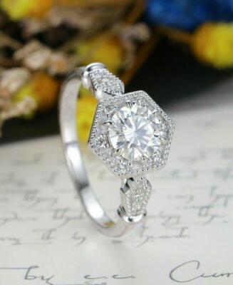 3ct Round Lab-Created Diamond Ring White Gold Plated Milgrain Hexagon Shape