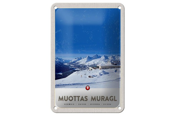 Blechschild Reise 12X18 Cm Muottas Murgal Schweiz Gebirge Schnee Schild-image
