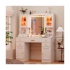 White Makeup Vanity Desk with Mirror and Lights, Large Vanity Table Set with ...