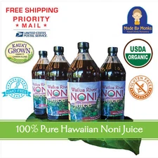 100% HAWAIIAN WAILUA RIVER NONI JUICE  Certified Organic: 4 Glass Bottles 32 oz.