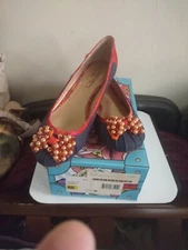 Poetic License Pearl & Jewel Bow Kitten Heels Embellished Denim 8